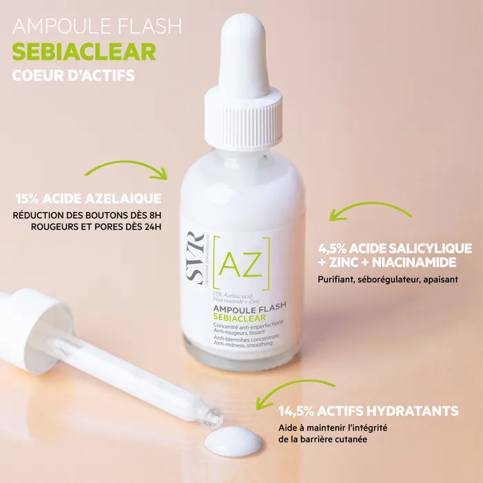 SVR – Sebiaclear (az) Ampoule Flash Concentré Anti-imperfections Anti-rougeurs Lissant – 30ml – Image 3