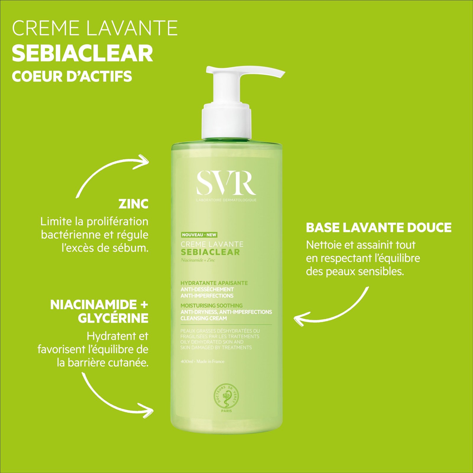 SVR – Sebiaclear Crème Lavante Hydratante Apaisante Anti-imperfections Anti-dessèchement – 400ml – Image 2